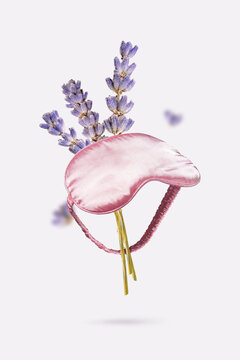 Silk pink sleep mask with lavender dried flowers flying on light purple background. Creative concept of deep sleep, relaxation routine, natural aromatherapy, stress relief and calming evening ritual