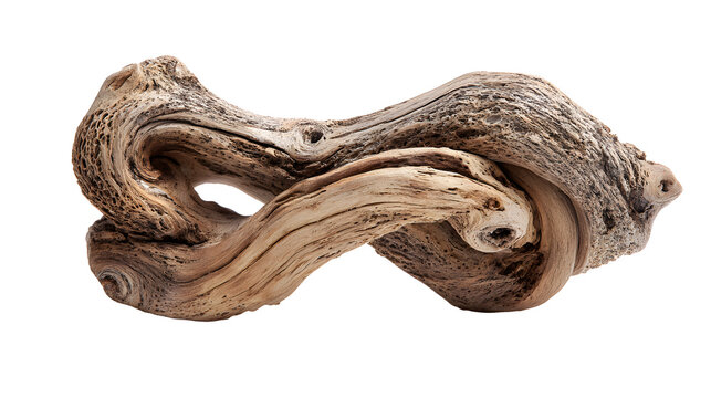 Driftwood branch knot sculpture on white background with natural driftwood sculpture unique environment decorative weathered organic coastal