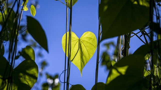 Translucent heart shaped green vine leaf silhouetted against deep blue sky with foliage and strings, creating a natural botanical scene with fresh organic beauty, growth and outdoor serenity concepts