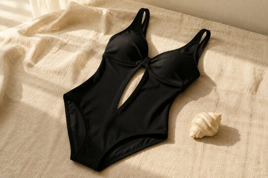 Black monokini with vertical cutout and seashell, minimalist beachwear style and summer fashion concept