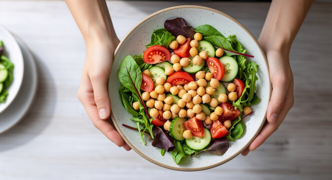 Healthy salad bowl for vegan diet. Overhead shot of hands holding bowl with chickpeas, tomatoes, cucumber and greens. Nutritionist meal plan concept