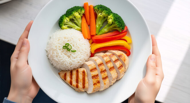 Overhead shot of hands holding a healthy fitness lunch plate. Grilled chicken breast with rice and vegetables on a white surface. Nutritionist meal plan concept for high protein diet