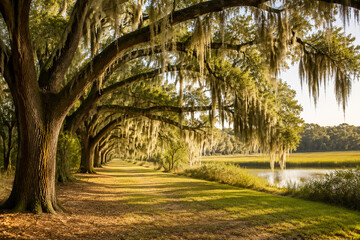 Fototapeta premium Live oaks draped with Spanish moss in soft light, Southern landscape and serenity concept.