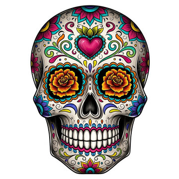 Colorful pixel art sugar skull with floral patterns and a heart shape design