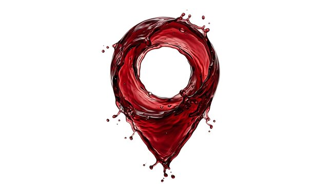 Vibrant red wine liquid splash forms a unique location pin icon, symbolizing a journey or discovery of a special place