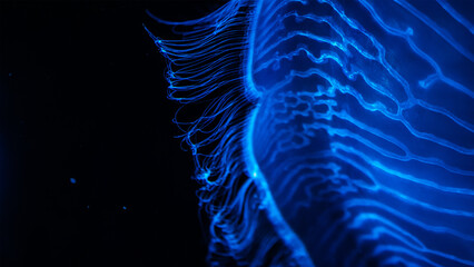 Jellyfish medusa glows blue deep underwater black background © Юрий Крылов