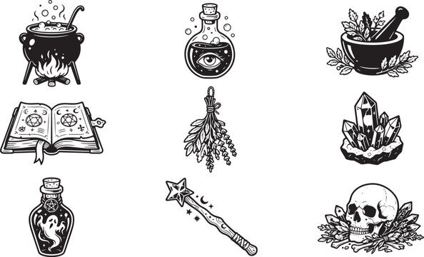 Witchcraft and alchemy icons set, mystical occult symbols in hand drawn vintage style, 9 magic vector elements for halloween and esoteric design