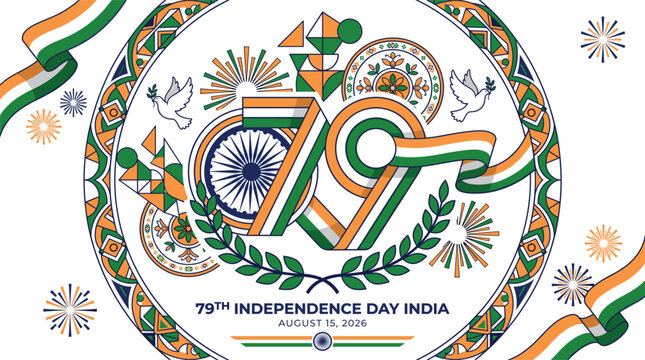 79th independence day india celebration graphic design with tricolor ribbon and ashoka chakra