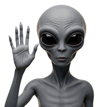 Grey alien with large black eyes waving hand in a friendly gesture