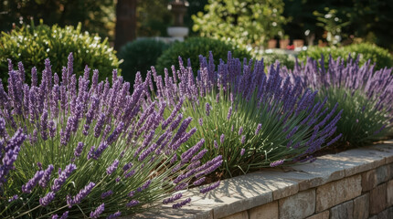 Obraz premium Lavender bushes bloom along sunlit stone garden wall, fragrant and serene in late summer