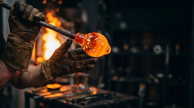 Glassblower shaping molten glass with protective gloves near a furnace