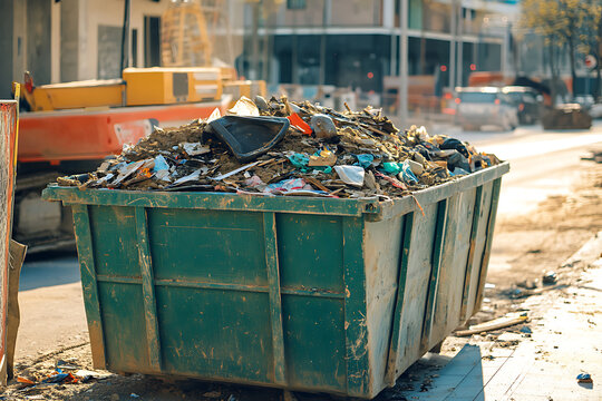 Construction site debris skip filled with waste materials from renovation and demolition projects.