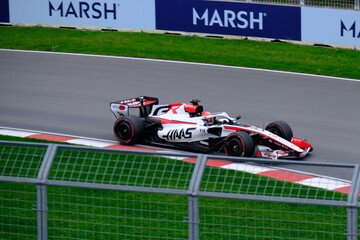 Obraz premium May 24, 2026, Montreal, Canada - Haas Formula 1 car on track by Ocon and Bearman at Circuit Gilles Villeneuve. g.