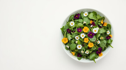 Fototapeta premium Edible flower salad bowl with mixed greens and daisies, vibrant fresh garnish