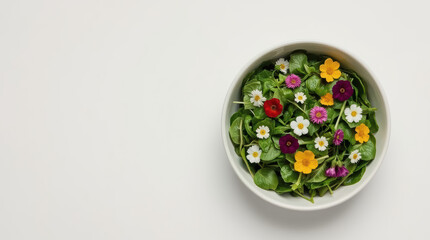 Fototapeta premium Edible flower salad bowl with mixed greens and colorful blossoms, fresh and bright