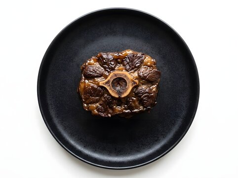 Braised Oxtail with Bone on Black Plate Isolated on White