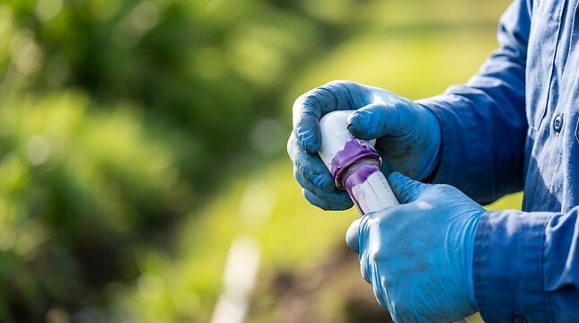 Plumber wearing blue gloves applies purple primer to PVC pipe fitting outdoors