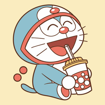 Drinking Boba Tea Doraemon Chibi Vector 1