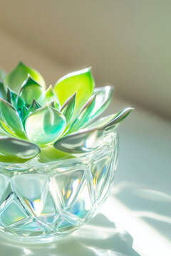 Iridescent glass succulent plant in faceted crystal bowl. Abstract green and blue botanical with prismatic reflections. Home decor object