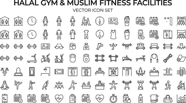 A collection of vector icons depicting various halal gym and muslim fitness facilities
