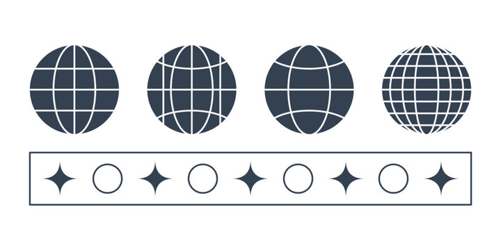 Set of four globe icons and decorative star and circle border elements