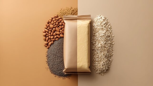 Protein bar made from recycled ingredients. Wrapped nutrition bar placed with legumes grains and oat ingredients in top view showing alternative food materials and circular food concept.