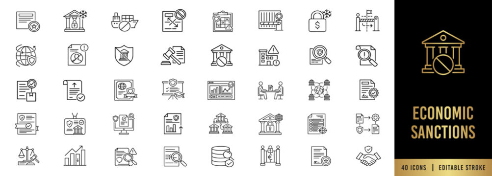 Economic sanctions and trade embargo line icon set, editable stroke. Asset freeze, export control, blacklist screening, customs and legal audit. 40 vector icons.