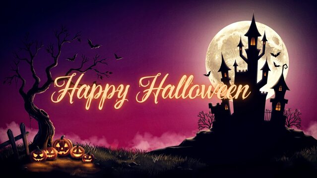 Happy halloween background design featuring a spooky haunted castle silhouette against a glowing full moon in a dark purple sky