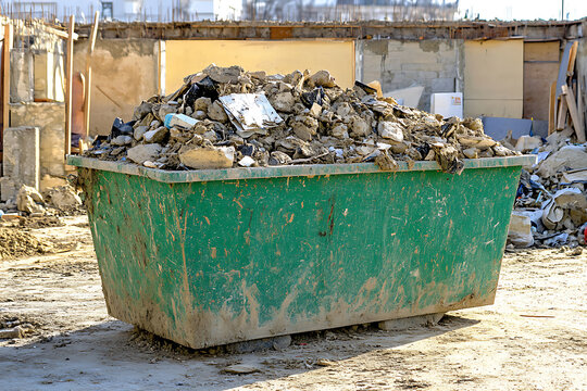 Large green skip bin filled with construction and demolition debris at an active building site.