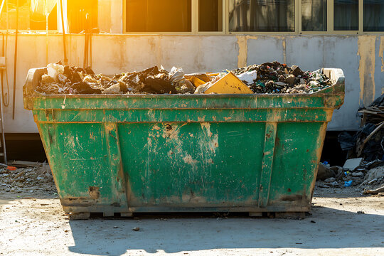 Large green construction debris skip bin overflowing with demolition rubble and waste materials.