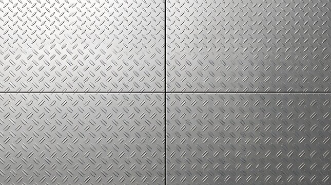 A high resolution close-up shot of industrial steel diamond plate metal flooring panels arranged in a grid pattern with a clean and professional aesthetic