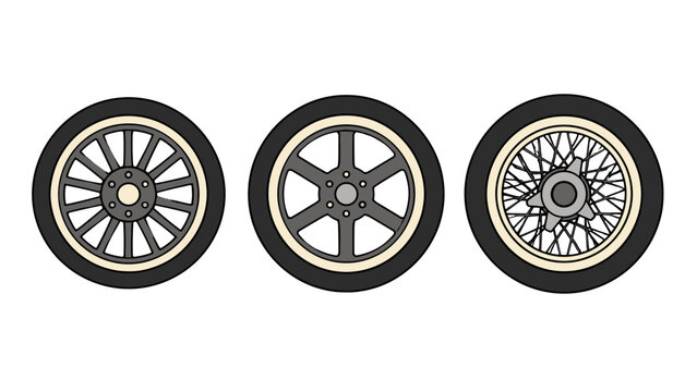 Set of three vintage vehicle wheels in flat vector style