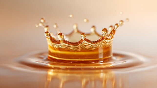 Splashes in a vat of cognac. . Close-up of the golden liquid forming a crown on the surface, high-speed macro photography.