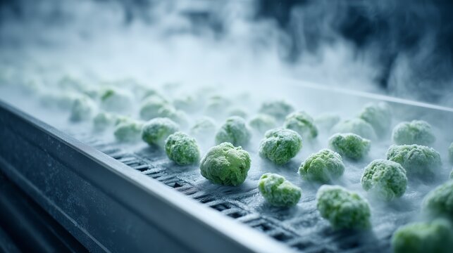 Freezing vegetables on the conveyor. The pieces of green broccoli pass through a cold steaming line.