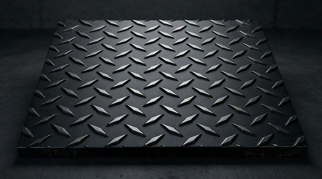 A close-up perspective of a heavy duty black metal dimond plate industrial floor panel isolated on a dark concrete background with shallow depth of field
