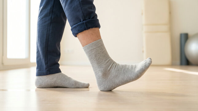 Rehabilitation. Man Stretching Ankle at Home