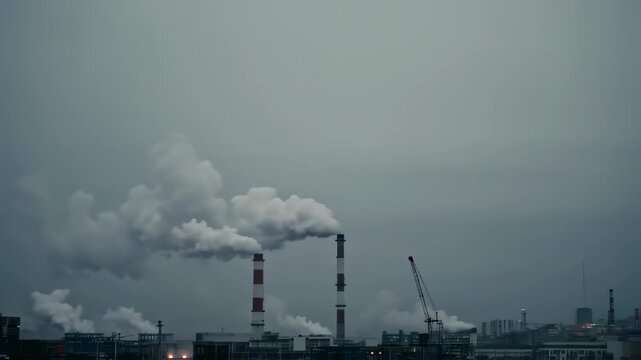 Industrial landscape with smoke billowing from smokestacks under a cloudy, grey sky