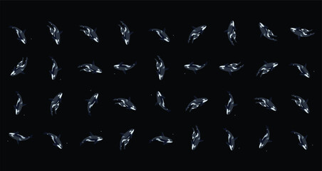aerial view of multiple killer whales swimming in dark ocean water with black and white patterns © Fendik eps