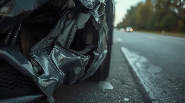 Severely dented car bumper close up on roadside with blurred traffic and trees