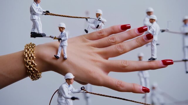 Miniature figures in white work clothes perform tasks on a hand with red nail polish, gold bracelet
