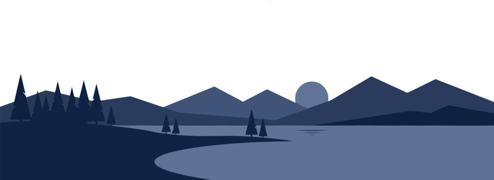 Minimalist mountain landscape silhouette with lake and pine trees at sunset mountains landscape silhouette pinetrees minimalist monochrome illustration wilderness peaceful reflection