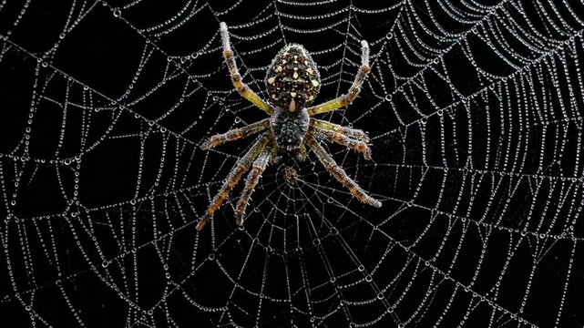 Garden Spider on a Dew-Covered Web with Water Droplets Against a Dark Background