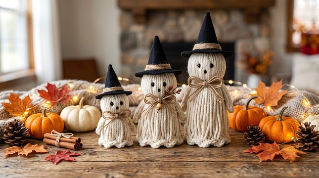 Cute Halloween Yarn Ghost Dolls with Witch Hats on Cozy Table Photo