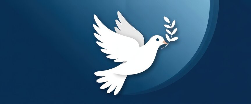 A white dove of peace flying with an olive branch against a soft blue gradient background illustration
