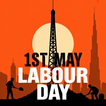 International workers day celebration background with silhouettes of construction workers and city skyline at sunset in orange color