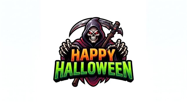 Happy Halloween Grim Reaper Skeleton with Scythe Mascot Logo Vector