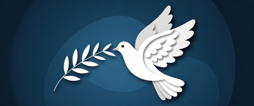 A white dove of peace flying with an olive branch in its beak against a dark blue background