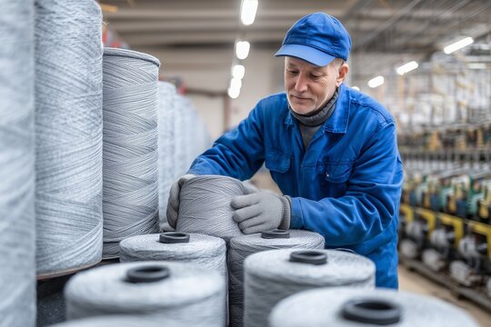 An employee of a textile company wearing protective gloves works with large bobbins of gray thread. Modern industrial production.