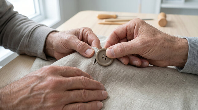 Rehabilitation. Man Practicing Buttoning for Hand Mobility