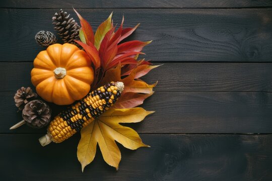 A festive autumn arrangement featuring a small orange pumpkin colorful fall leaves and pinecones on a rustic dark wooden background